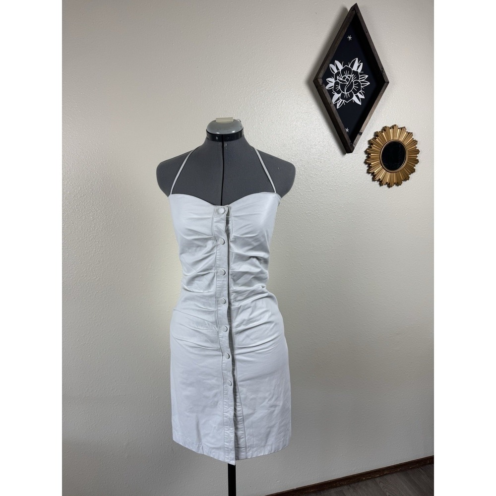 Vintage White Leather Halter Mini Dress Y2K Moto Bodycon Festival Western‎ Rodeo